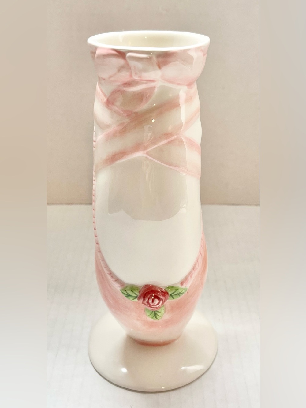 Ceramic Ballet Pointe Shoe Slipper Vase  in Pink and White 8” High, 3 1/2” Base
